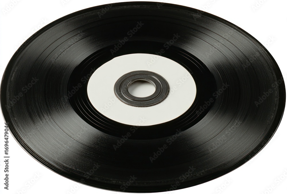 Obraz premium A glossy black vinyl record with a white center label displayed against a white background