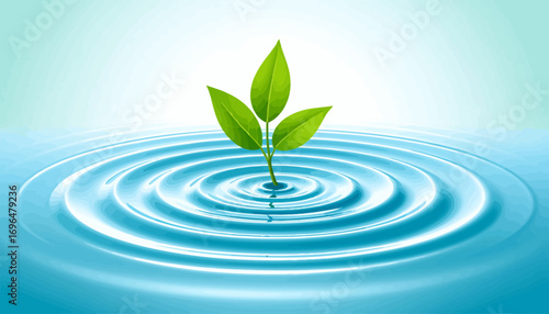 Green sprout growing from water with ripples.