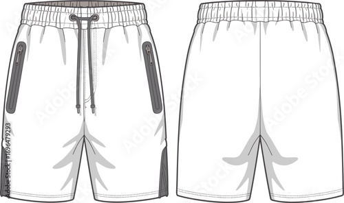 Technical drawing of white athletic shorts with zippered pockets and drawstring front and back sports shorts