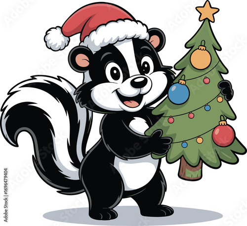 christmas skunk wearing santa hat holding a decorated christmas tree Adorable