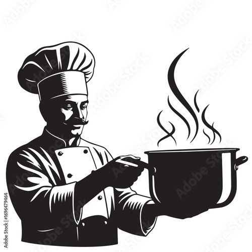 Monochrome Chef Holding Steaming Pot, Culinary Illustration