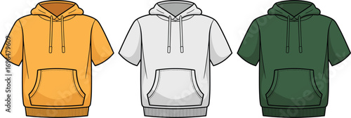 Three short-sleeved hoodie t-shirts in yellow white and green with front pocket and drawstring short sleeve