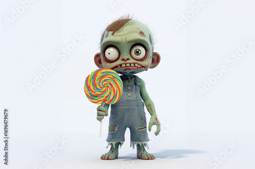 3D Render of a Playful Zombie in Overalls Holding a Giant Lollipop