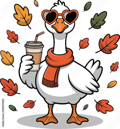 Cool cartoon goose wearing heart sunglasses and scarf enjoying coffee amidst autumn leaves vector