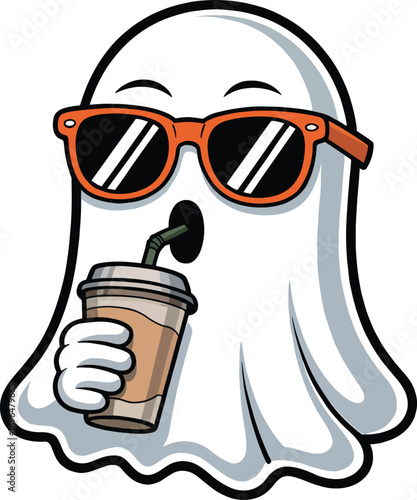 Cool ghost character wearing sunglasses and drinking coffee cartoon art vector
