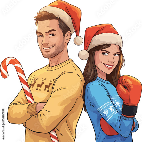 Couple in santa hats and festive sweaters enjoying christmas treats and boxing gloves vector