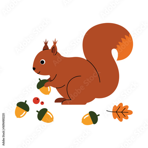 Cute cartoon squirrel gathering acorns in autumn.