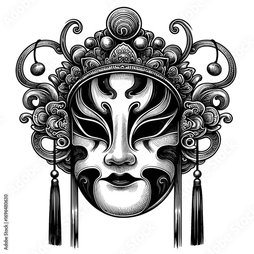 Ornate theatrical mask in detailed black-and-white design for performances