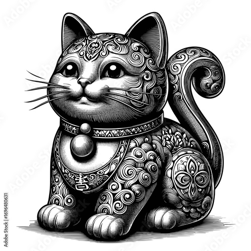 Intricate black and white Maneki Neko cat illustration representing fortune