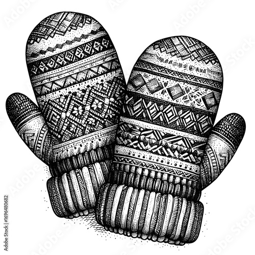 Knitted mittens in artistic drawing in black and white for warmth