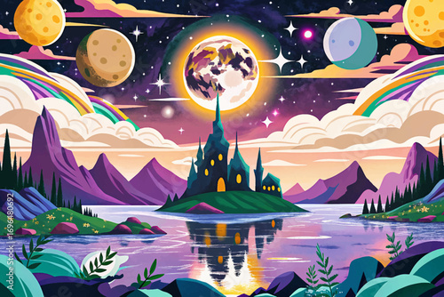 Fantasy mystical horizon with glowing moons and surreal magical atmosphere, enchanted wonderland