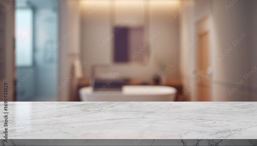 Fototapeta premium Empty marble surface with a blurred bathroom backdrop for product display