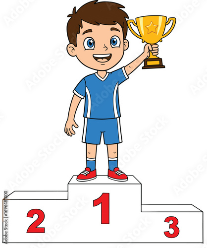 Cartoon boy standing on first place winner podium holding gold trophy, wearing blue sports outfit, celebrating victory with happy smile