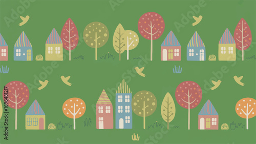 Whimsical seamless pattern of colorful houses, trees, and birds on a green background Keywords: village, town, houses, homes, trees, birds, nature, landscape, pattern, seamless
