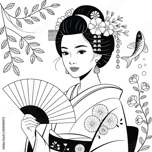 Elegant Geisha Line Drawing with Kimono and Floral Accents