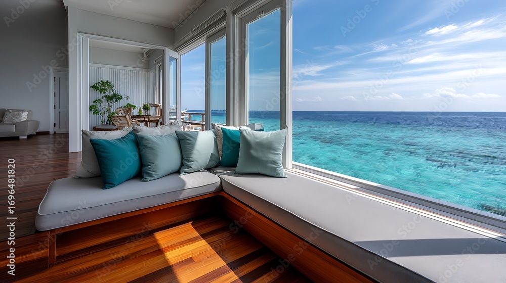 Fototapeta premium Cozy Corner with Ocean View and Stylish Decor in Modern Beach House