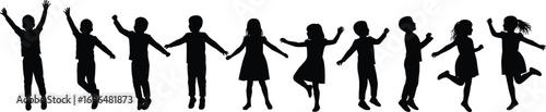Children silhouette collection, kids playing together vector illustration, group of happy boys and girls holding hands, childhood activity design, family lifestyle element