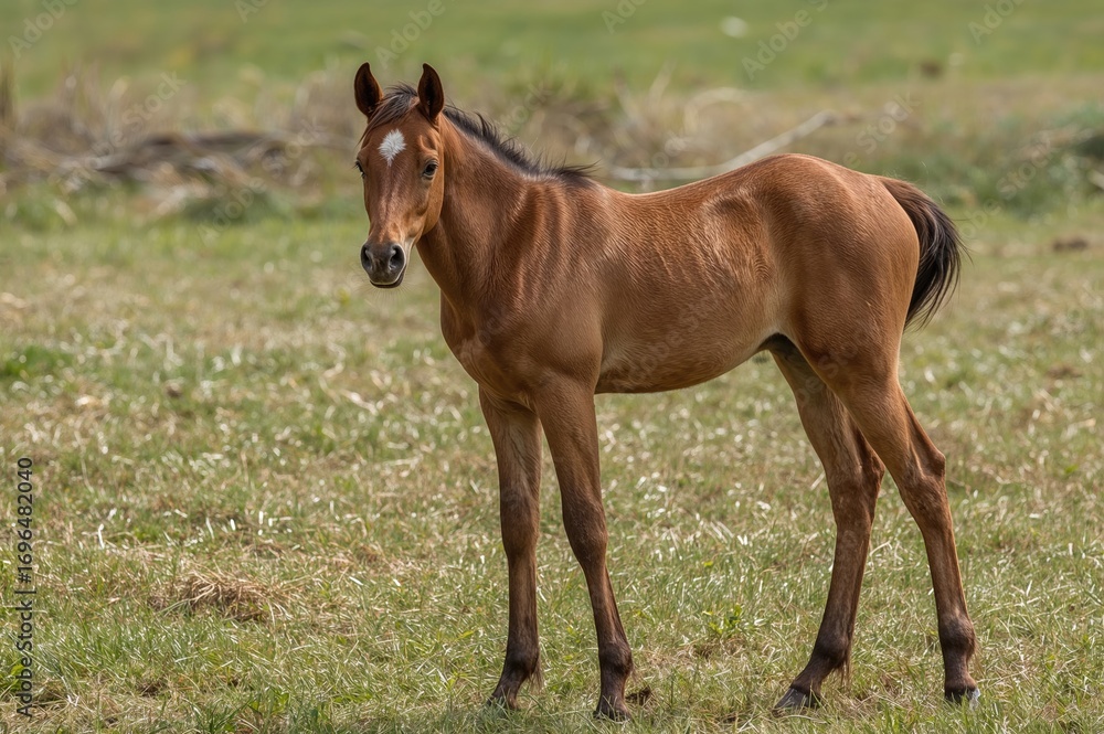 Fototapeta premium Young brown horse standing in a field