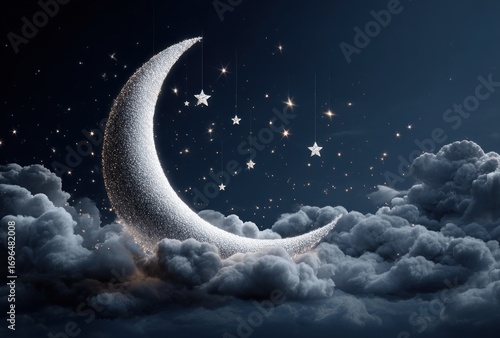 Luminous crescent moon nestled atop fluffy clouds, adorned with twinkling stars against a deep blue, dreamy night sky backdrop