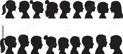 Human head silhouette collection, male and female profile faces vector set, people outline illustration, side view portrait design elements, hairstyle variation icons