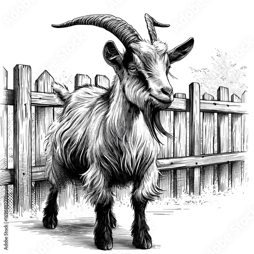 Goat standing alert against wooden fence