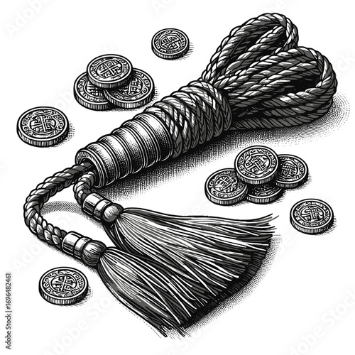 Decorative tassel with rope in black-and-white style for illustration