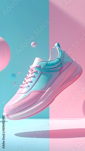 A stylish sneaker in vibrant pastel colors levitates against a split pink and blue background with abstract floating spheres
