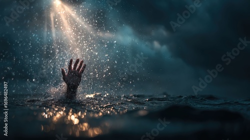 a desperate hand reaching for help above the water surface with ray light on the water, symbolizing despair and hope