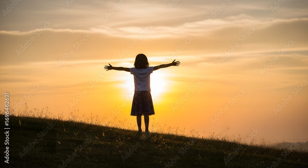 Fototapeta premium Child standing on a grassy hill reaching toward the rising sun, symbolizing healthy future