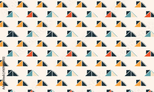 Simple seamless geometric pattern with 3D effect triangles, Minimalist modern background with abstract pyramid shapes and drop shadows in a contemporary coral, blue, and gold palette
