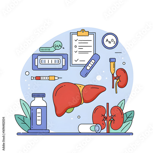 Transparent medical illustration features liver and kidney with a syringe and clipboard on a blue background