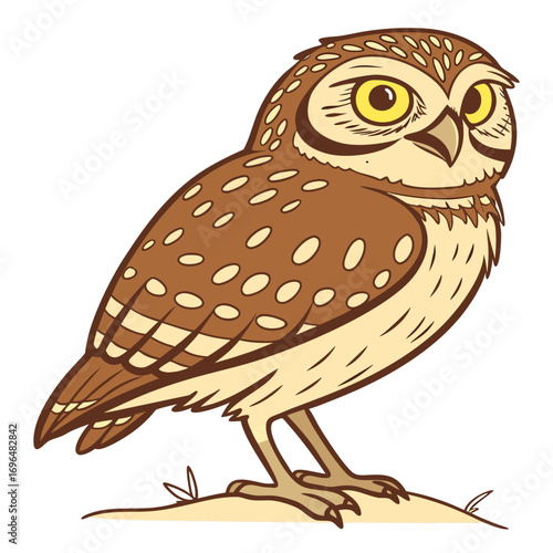 Cartoon illustration of a burrowing owl standing on a small mound of dirt