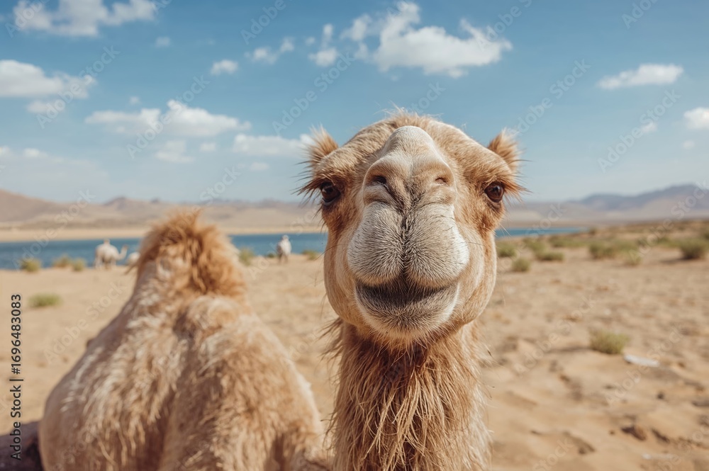 Obraz premium Close-up of a camel relaxing in a sandy desert environment by a large lake.