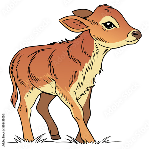 Cute cartoon calf standing on grass