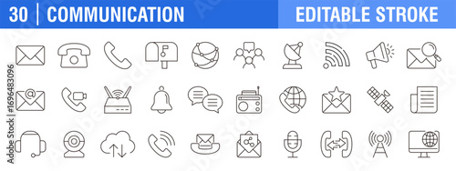 Collection of communication icons. Dialogue, chat, podcast, telephone. Vector design template, signs, symbols, editable stroke.