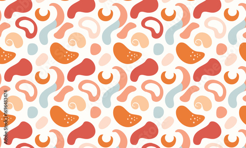 Retro 70s seamless pattern with abstract paisley swirls, Groovy bohemian background with vintage shapes and dots in a muted terracotta and blue color palette