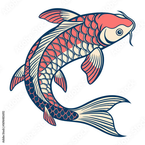 Stylized koi fish illustration with coral and navy blue scales