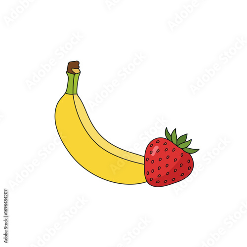 Vibrant yellow banana and juicy red strawberry, a healthy and colorful fruit duo for snacks and desserts
