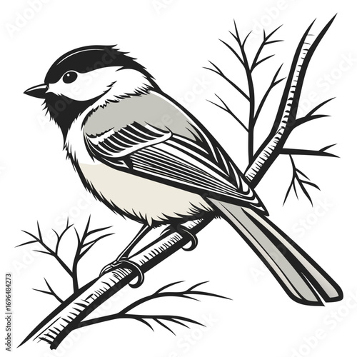 Black capped chickadee bird perched on a bare branch