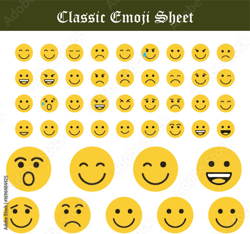 A vector set of happy yellow smiley icons and buttons with various emotions and expressions
