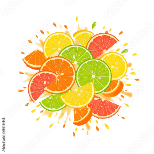 Juicy mix of assorted citrus slices like orange, lemon, and lime in a dynamic explosion