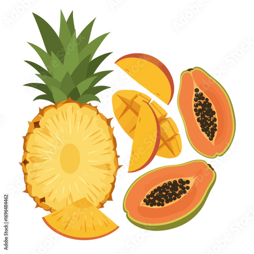 A vibrant illustration of a tropical fruit medley with sliced pineapple, mango, and papaya