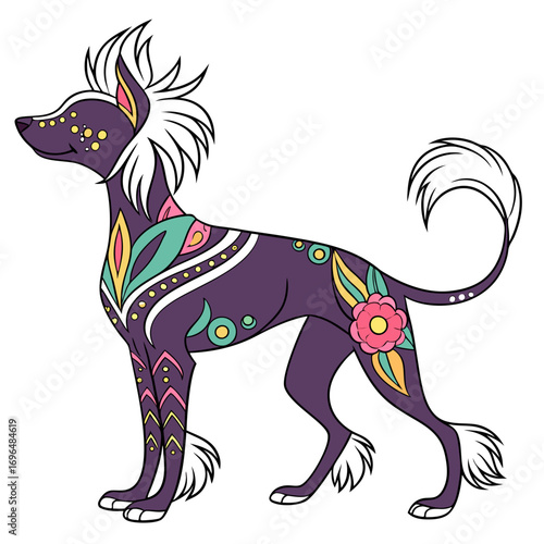 Purple dog with colorful floral patterns and white accents