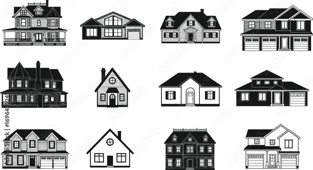 Fototapeta premium Collection of various house facades, modern and vintage architecture, cad drawing flat vector, detailed real estate design, home front elevation