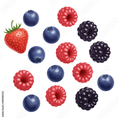 Vibrant digital illustration of mixed summer berries like strawberries, blueberries, and raspberries