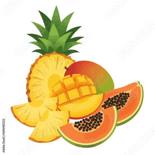 Exotic summer fruit assortment with sliced pineapple, juicy mango, and fresh papaya