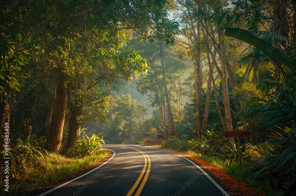 Obraz premium Scenic pathway winding through lush forest scenery, summer travel backdrop with trees and natural landscape