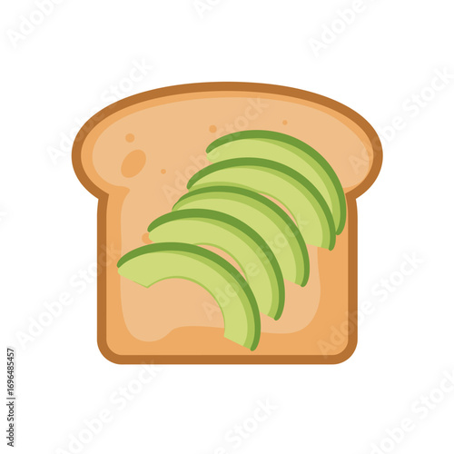Healthy breakfast concept featuring sliced avocado on a piece of toast, isolated flat vector illustration