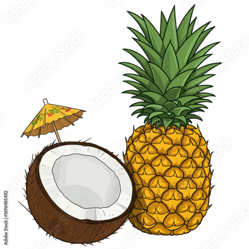 Exotic summer cocktail concept with a cartoon pineapple and a coconut half with an umbrella