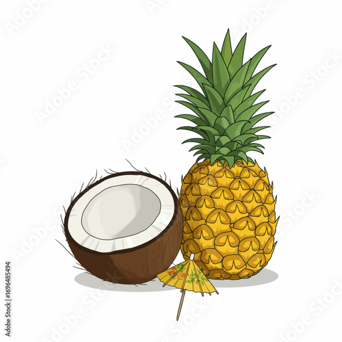 Exotic tropical composition with fresh pineapple, half coconut, and a cocktail umbrella
